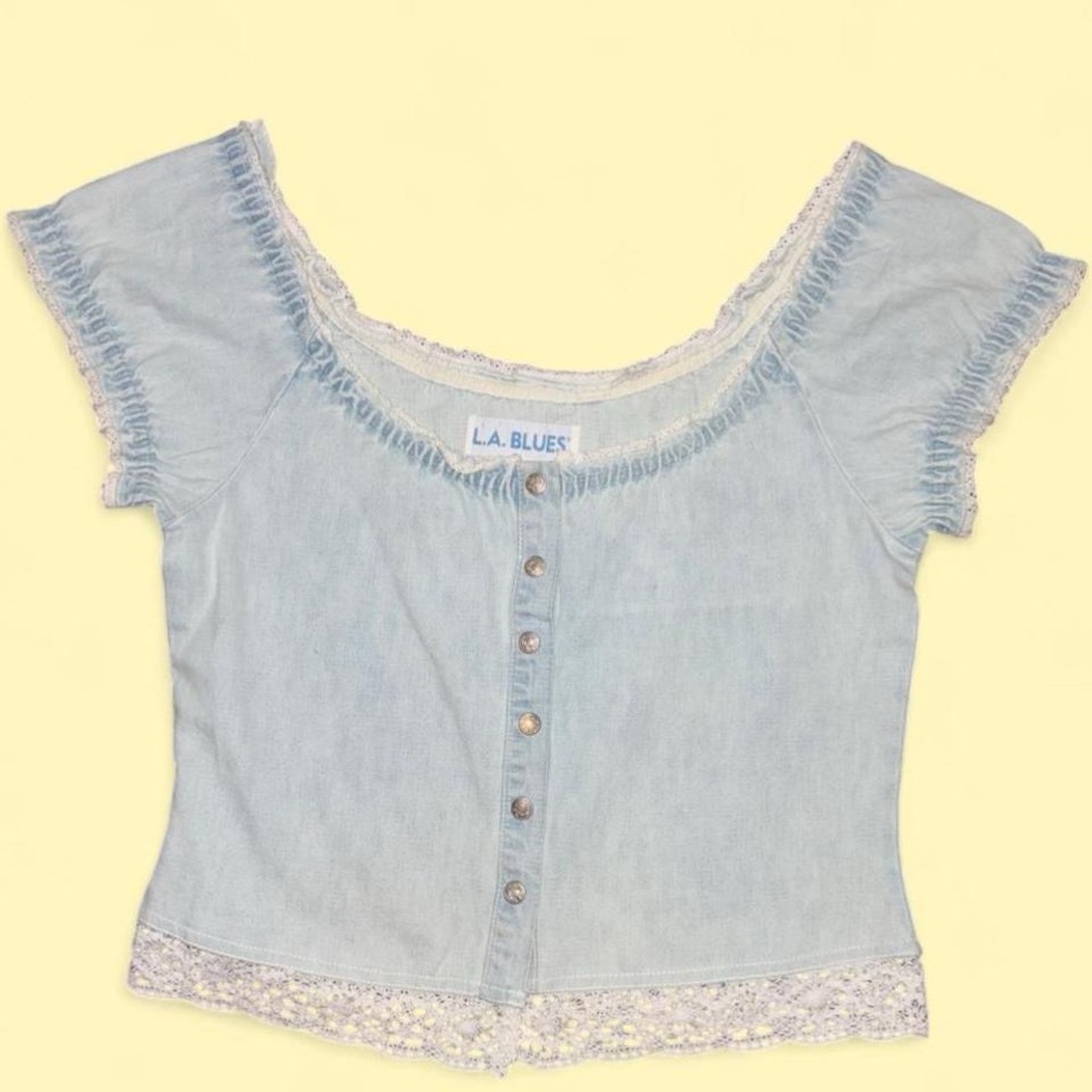 Y2K L.A. Blues Dead-stock Denim Blue Lace Trim Off The Shoulder Blouse